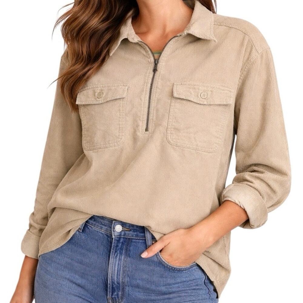 Vintage Eddie Bauer Corduroy Pullover Jacket Beige Utility Shirt Petite Large